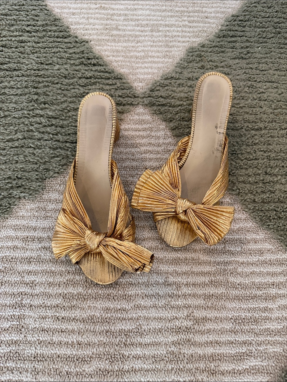 Gold Pleated Bow Slide Heels - Women's Dress Slides